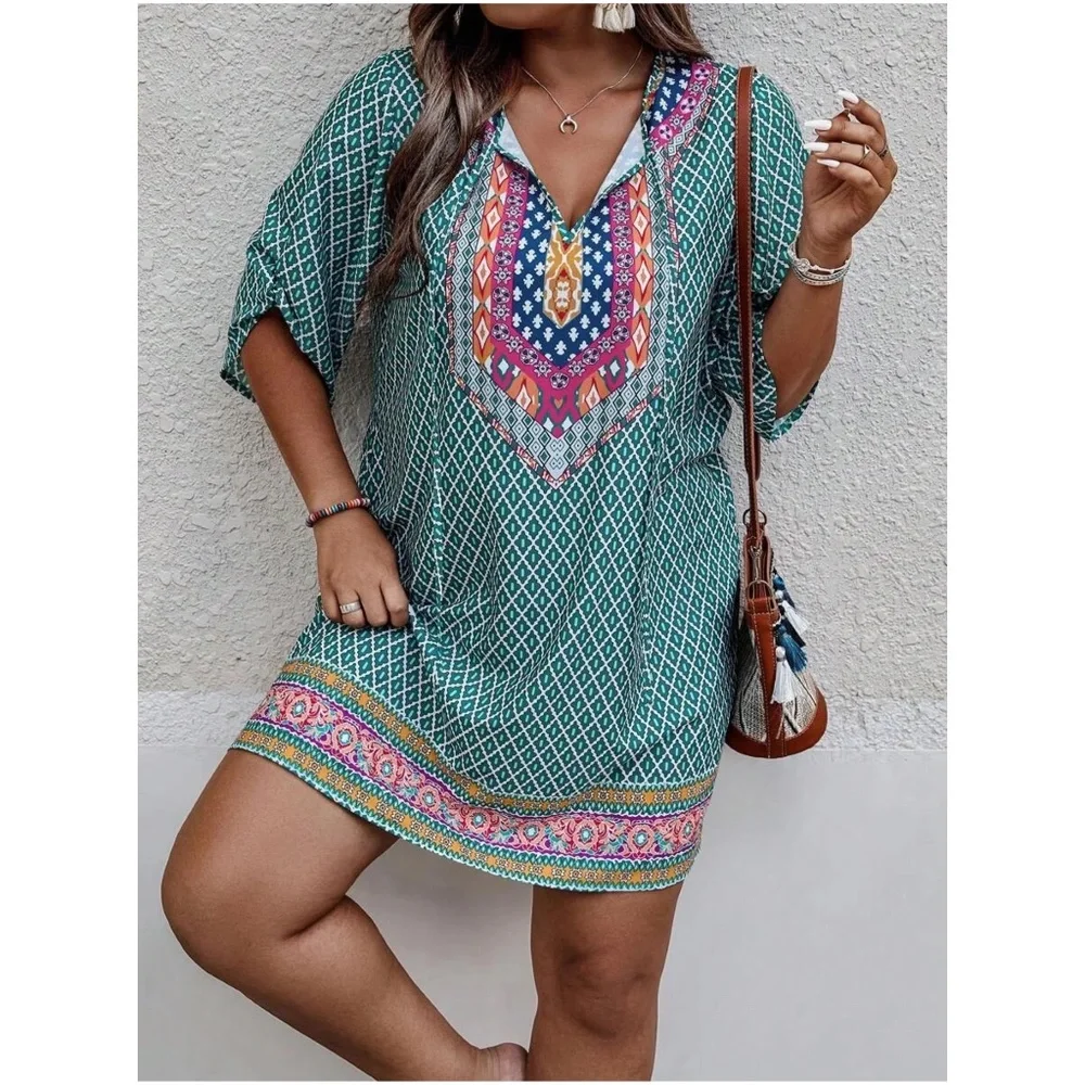 Plus Tribal Print Neck tie Mini Dress - Picture 3 of 9